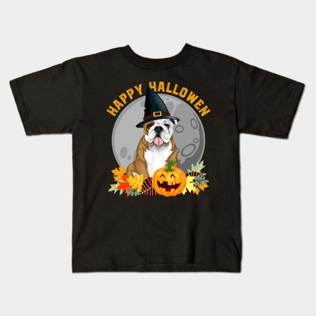 Happy Halloween Bulldog and Pumpkin Kids T-Shirt by RadStar